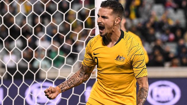 Jamie Maclaren celebrates his hat-trick against Nepal. Picture: AAP
