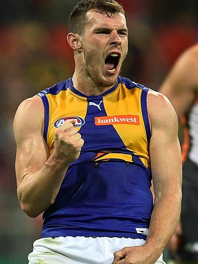 Luke Shuey of the Eagles celebrates kicking a goal during the round 21 AFL match between the Greater Western Sydney Giants and the West Coast Eagles.