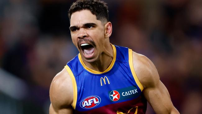 BRISBANE, AUSTRALIA - SEPTEMBER 23: Charlie Cameron of the Lions celebrates a goal during the 2023 AFL Second Preliminary Final match between the Brisbane Lions and the Carlton Blues at The Gabba on September 23, 2023 in Brisbane, Australia. (Photo by Dylan Burns/AFL Photos via Getty Images)