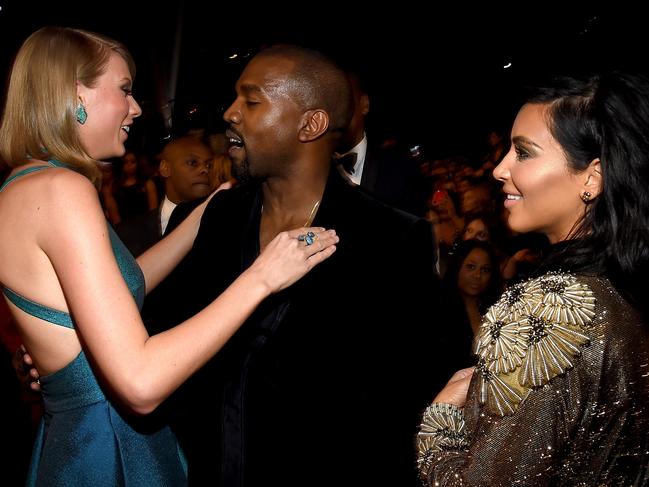 Taylor Swift, Kanye West and Kim Kardashian at the Grammy Awards in 2015. Picture: Getty