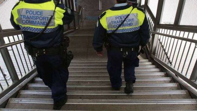 Officers attached to the NSW Police Transport Command patrol a train station in Sydney. Picture: NSW Police/Facebook