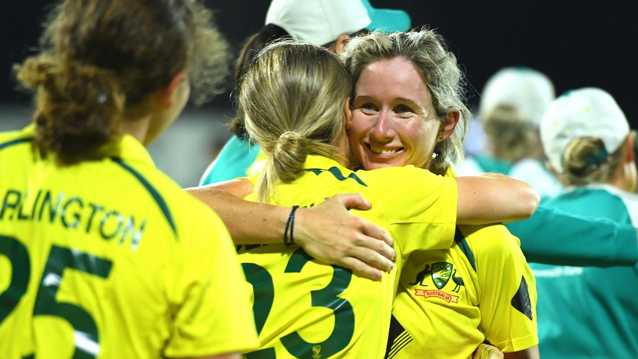 Beth Mooney celebrates with teammates after their remarkable victory. Picture: Getty Images