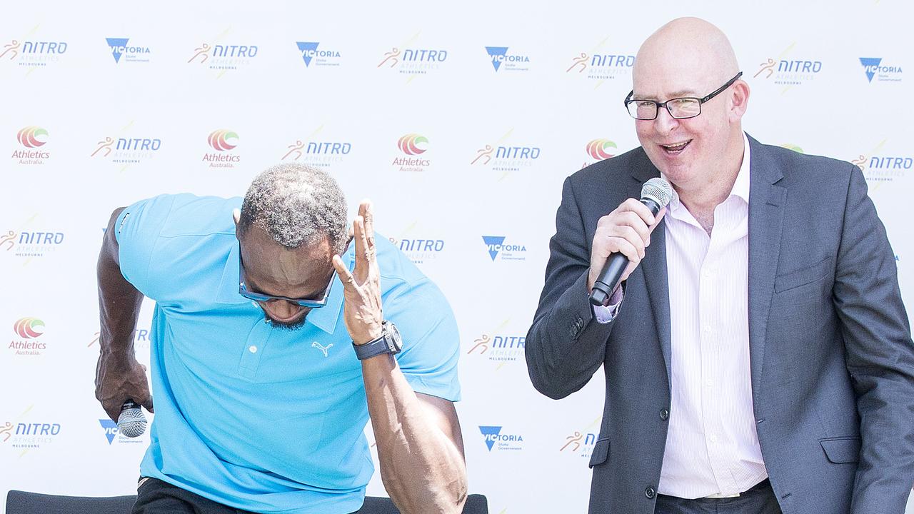 Experienced commentator Dave Culbert interviews Usain Bolt in 2016 as part of Athletics Australia’s Nitro Summer series. Picture Norm Oorloff