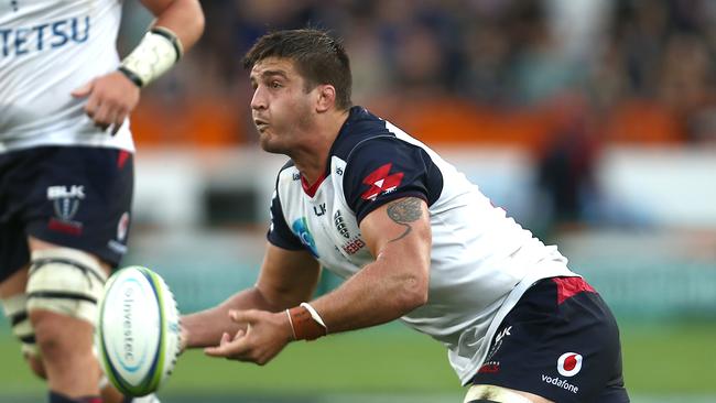 DUNEDIN, NEW ZEALAND - FEBRUARY 28: Gideon Koegelenberg of the Rebels passes during the round five Super Rugby match between the Highlanders and the Rebels at Forsyth Barr Stadium on February 28, 2020 in Dunedin, New Zealand. (Photo by Teaukura Moetaua/Getty Images)