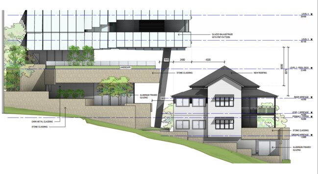 Architect drawings of the approved building which hangs over the heritage building.