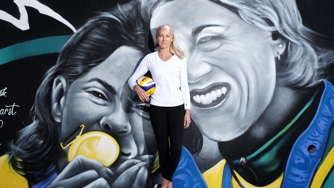 Kerri Pottharst stands in front of the mural painted in her honour. Picture: Tim Hunter.