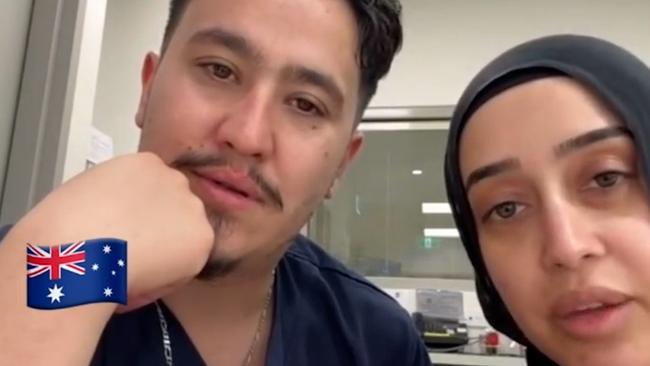 NSW government officials are investigating after nurses at Bankstown Hospital, Rashad Nadir and Sarah Abu Lebdeh, wearing their NSW Health uniforms were filmed declaring they refuse to treat Israeli people and would "kill them" if they present to their ward. Picture: NewsWire Handout