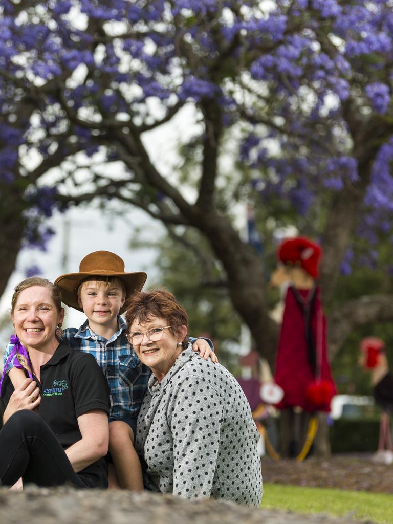 Freddie Day with his mum Emily Day and grandma Jenny Day at Jacaranda Day in Goombungee, Saturday, November 6, 2021. Picture: Kevin Farmer