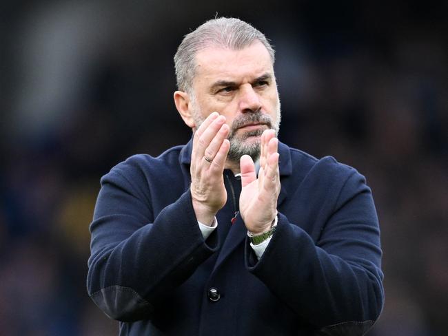 LIVERPOOL, ENGLAND - FEBRUARY 03: Ange Postecoglou, Manager of Tottenham Hotspur, applauds the fans after the Premier League match between Everton FC and Tottenham Hotspur at Goodison Park on February 03, 2024 in Liverpool, England. (Photo by Michael Regan/Getty Images)