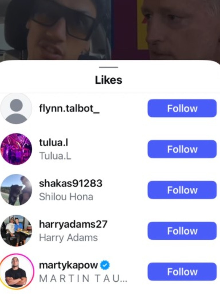 Martin Taupau liking Elijah Taylor's Instagram post.