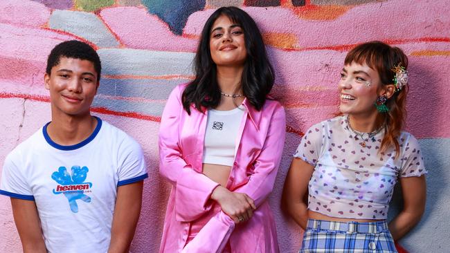 Daily Telegraph. 30, August, 2022: James Majoos (Darren), Ayesha Maddon (Amerie), and Chloe Hayden (Quinni), in Sydney to promote the first season of Heartbreak High. Picture: Justin Lloyd