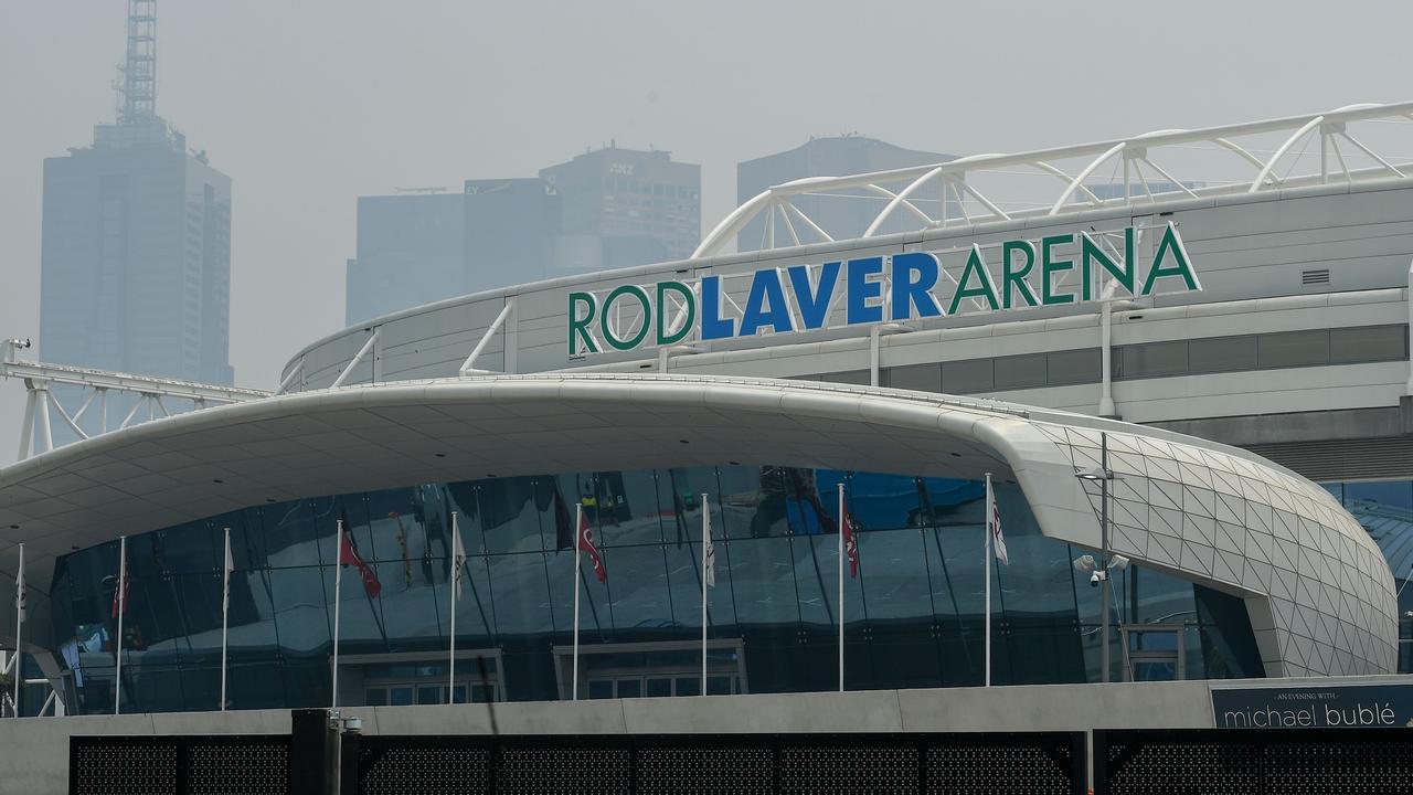 Smoke haze from Victoria’s unprecedented bushfires has surrounded Rod Laver Arena for much of January. Picture: William West/AFP