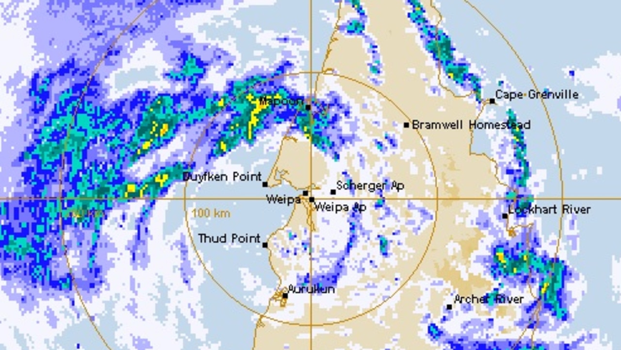 Cyclone Penny showing on the Bureau of Meteorology’s Weipa radar at 1.30pm Tuesday.