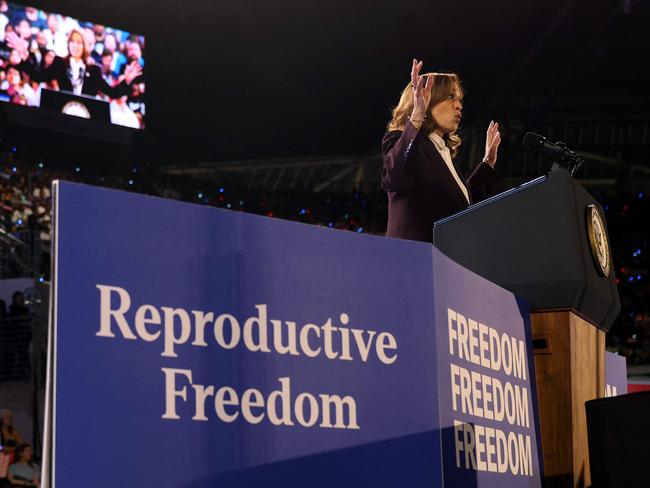 HOUSTON, TEXAS - OCTOBER 25: Democratic presidential candidate, U.S. Vice President Kamala Harris, speaks during a campaign rally at Shell Energy Stadium on October 25, 2024 in Houston, Texas. Vice President Kamala Harris is campaigning in Texas holding a rally supporting reproductive rights with recording artists Beyonce and Willie Nelson.   Justin Sullivan/Getty Images/AFP (Photo by JUSTIN SULLIVAN / GETTY IMAGES NORTH AMERICA / Getty Images via AFP)