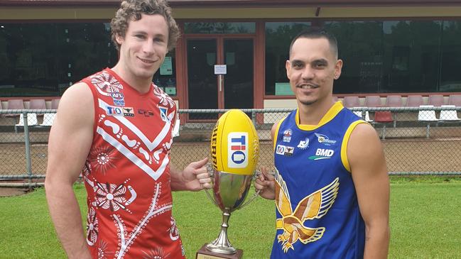 Waratah joint captain Nick Gooch with Wanderers counterpart Braedon McLean and the Foundation Cup. Picture: Grey Morris