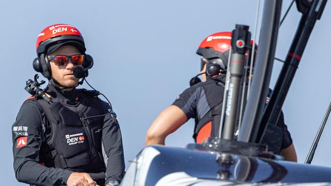 Nathan Outteridge, interim driver of ROCKWOOL Denmark SailGP Team, in action on Race Day 2 of the Mubadala Abu Dhabi Sail Grand Prix presented by Abu Dhabi Sports Council in Abu Dhabi, United Arab Emirates. 14th January 2024. Photo: Felix Diemer for SailGP. Handout image supplied by SailGP