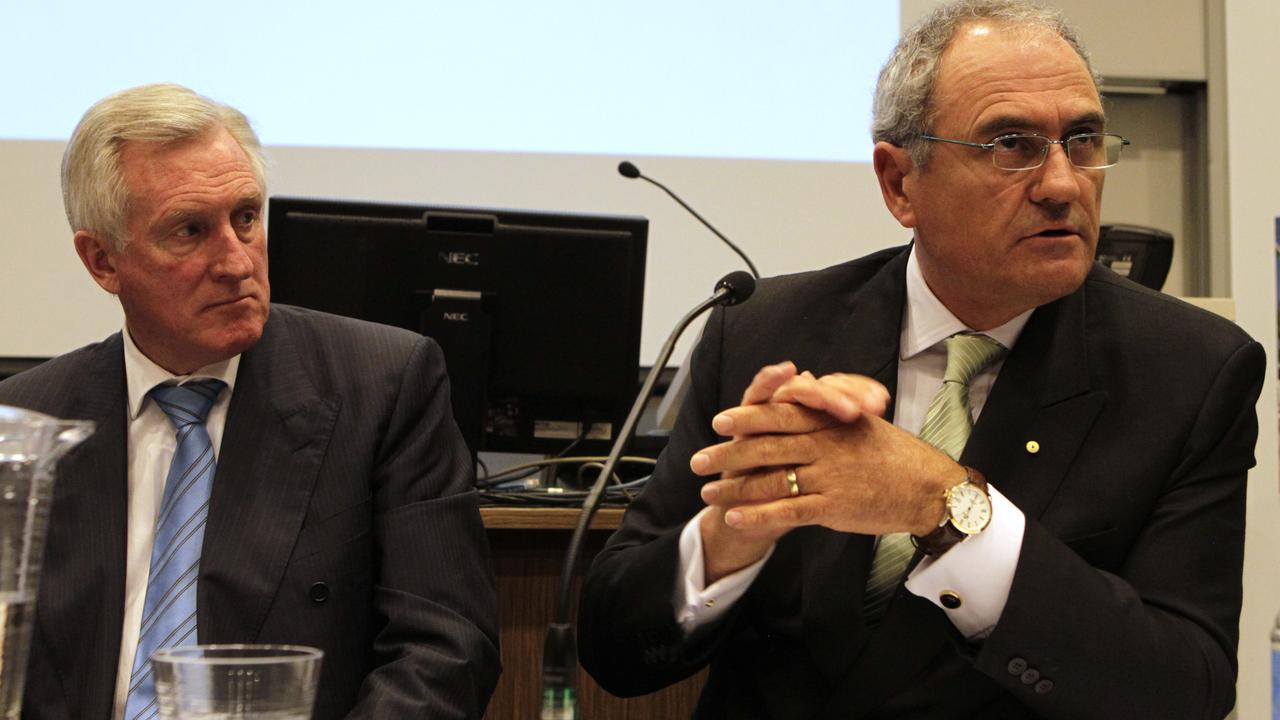 Ken Henry with former federal ppposition leader John Hewson at Australian National University forum in 2012.