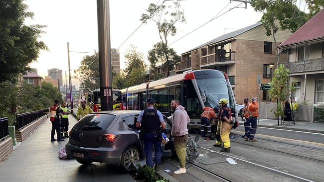 Some tram services were suspended after the crash on Thursday afternoon. Picture: Lachlan Leeming