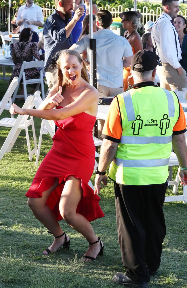 Social distancing dancer at Doomben’s 2020 Melbourne Cup Day celebrations. Photographer: Liam Kidston