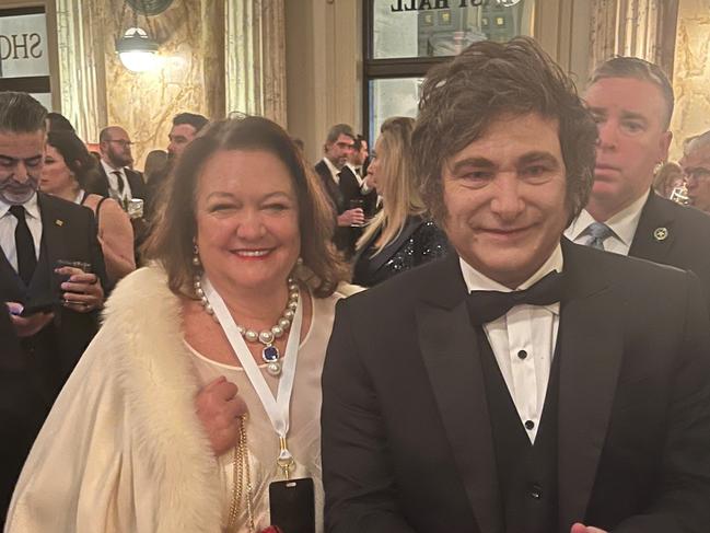 Australian billionaire Gina Rinehart with Argentinian President Javier Milei at the Starlight Ball in Washington D.C. following the inauguration for President Donald Trump on  January 20, 2025.