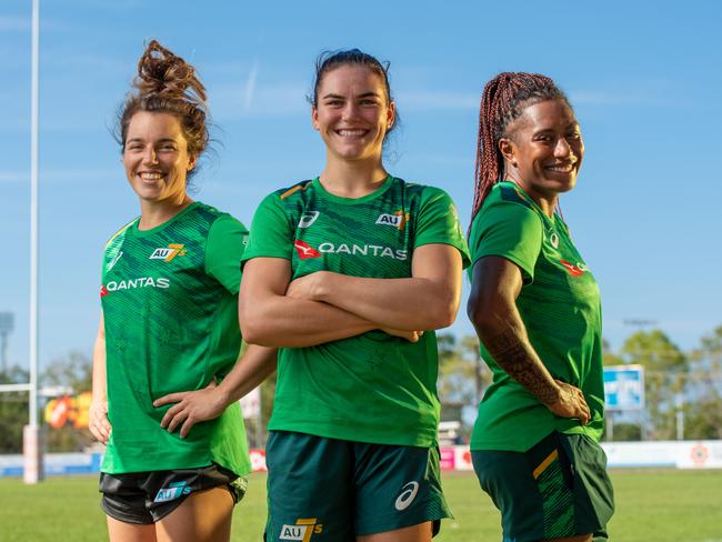 The Australian Women's 7s squad are now in town for their pre-Olympic camp. Lori Cramer, Jakiya Whitfeld and Ellia Green are happy to be back up in the top end for heat training. Picture: Che Chorley