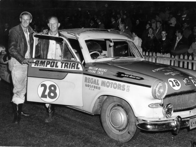 Ampol Trial driver Malcolm Brooks (r) and navigator Frank Tate with their Vanguard car in May 1958.