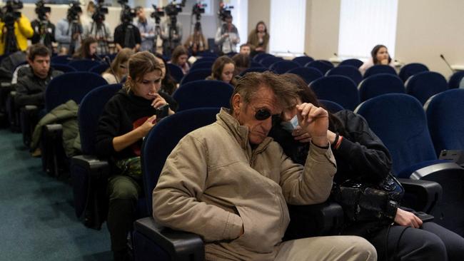 Sean Penn attends a press briefing at the Presidential Office in Kyiv. Picture: Reuters