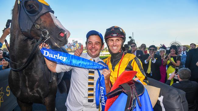 Tye Angland returning to scale after riding Trapeze Artist after a win in the Darley T J Stake. Picture: AAP Image/Brendan Esposito