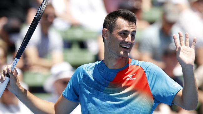 Bernard Tomic reacts during his win over Nick Kyrgios. Picture: Getty Images 