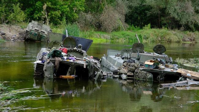 Armoured vehicles abandoned at the weekend by Russian troops fleeing the Ukrainian counter-offensive in the Kharkiv region. Picture: Ukrainian Armed Forces via AFP