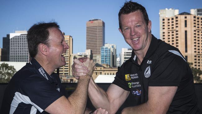 Good relationship ... former South Adelaide coach Brad Gotch with the man who would eventually be his successor at Noarlunga, then Port Adelaide SANFL coach Garry Hocking in 2014. Picture: Matt Turner