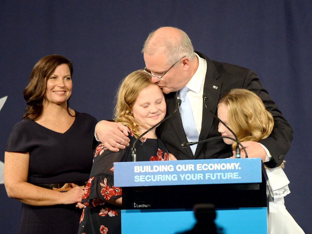 Scott Morrison, pictured with his family, stunned everyone with his election victory. Picture: Jeremy Piper