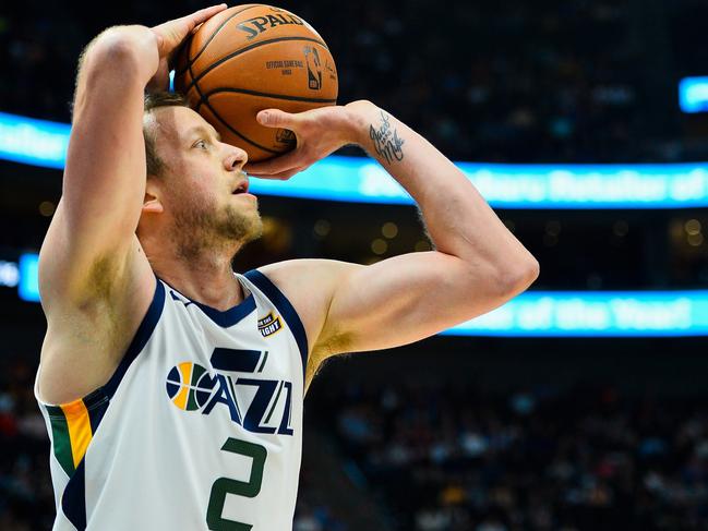 SALT LAKE CITY, UT - OCTOBER 02:  Joe Ingles (2) of the Utah Jazz attempts a shot during a game against the Toronto Raptors at Vivint Smart Home Arena on October 2, 2018 in Salt Lake City, Utah.  NOTE TO USER: User expressly acknowledges and agrees that, by downloading and or using this photograph, User is consenting to the terms and conditions of the Getty Images License Agreement. Mandatory Copyright Notice: Copyright 2018 NBAE   (Photo by Alex Goodlett/Getty Images)