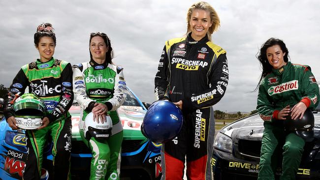 Racing WAGS Danielle Byrnes, partner of Supercheap Auto driver Tim Slade, pictured with Tahan Lewfatt (David Reynolds), Liza Nash (team owner with husband Rod Nash) and April Vaughen (Shane Van Gisbergen) show their style. Picture: David Clark