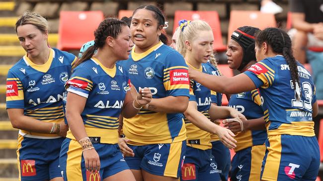 Tiana Penitani of the Eels celebrates a try (Photo by Ashley Feder/Getty Images)