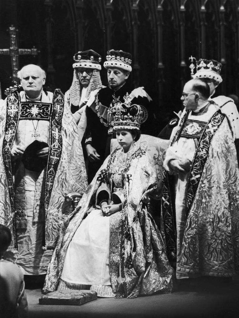 Queen Elizabeth II, Archbishop of Canterbury Dr Geoffrey Fisher and dignitaries at the Coronation. Picture: Reg Speller / Hulton Archive / Getty Images