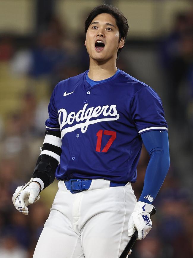 Shohei Ohtani reacts after a high pitch from Reid Detmers of the Los Angeles Angel. Picture: Michael Owens/Getty Images