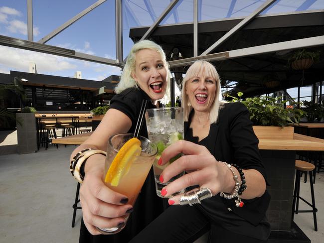 Sally and Lara enjoying cocktails on the new Corner rooftop beer garden. Picture: Nicki Connolly