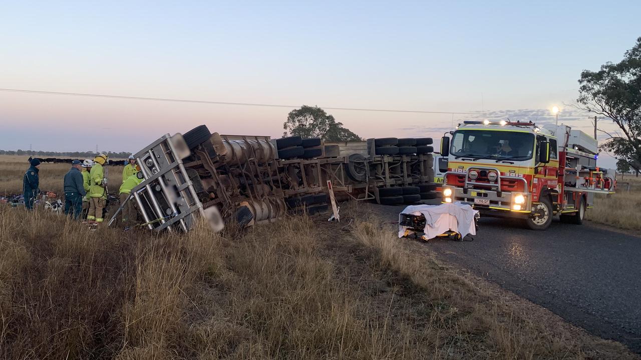 Emergency services attending the scene of a truck rollover on Millmerran-Leyburn Rd early this morning. Photo: Lifeflight Media