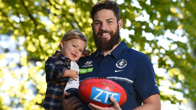 Carlton forward Levi Casboult with his son Lonnie. Picture: Josie Hayden