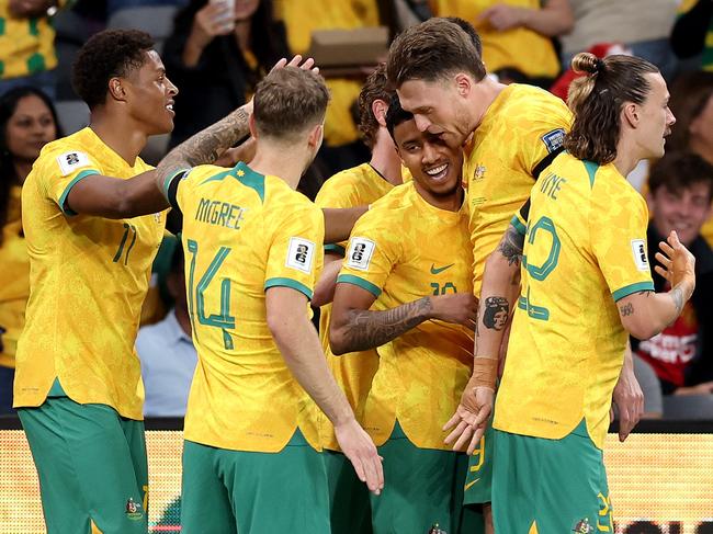 Australia’s Keanu Baccus celebrates his screamer of a goal during the FIFA World Cup 2026 Qualifier against Lebanon. Picture: Getty Images