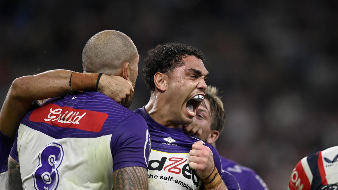 Xavier Coates once again stole the show for Melbourne, with another brilliant try to seal victory late in the game. Picture: NRL Imagery