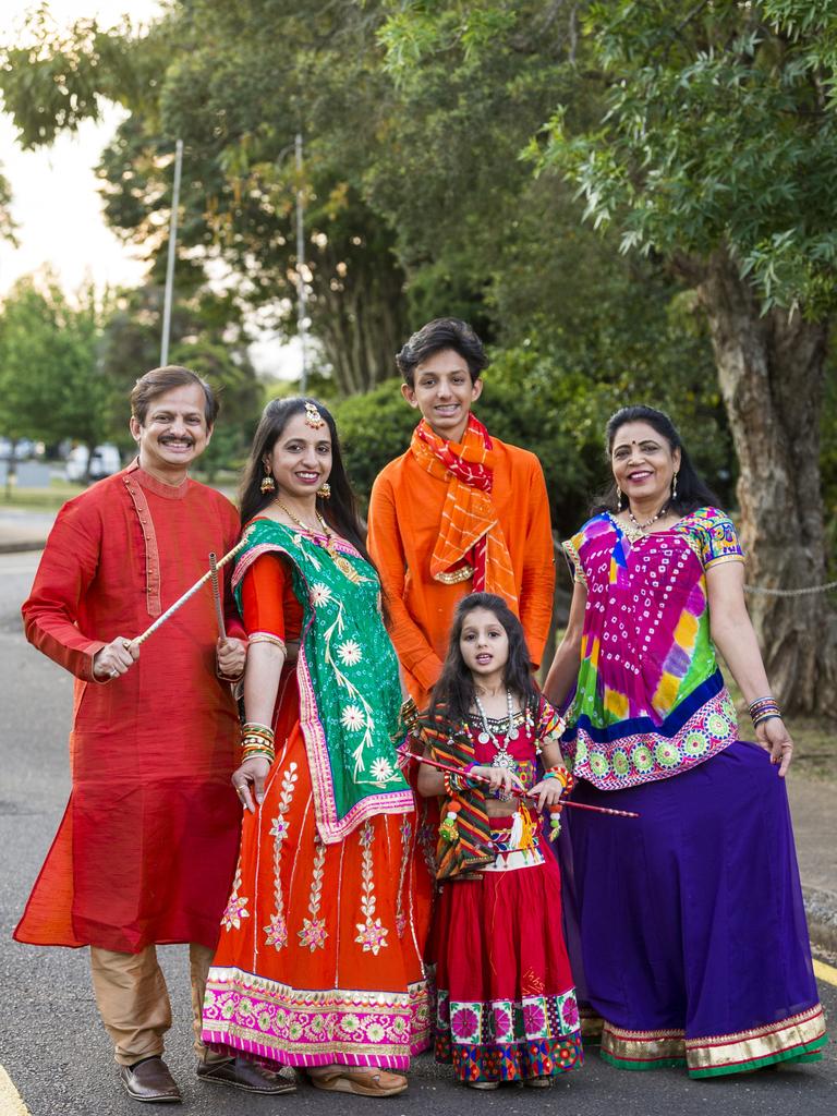 Ready to dance are (from left) Yaju, Alka, Aarohi and Harshil Mahida and Lata Trada as the Indian communities of Toowoomba prepare for Navratri Celebration (Dandia), Saturday, October 9, 2021. Picture: Kevin Farmer