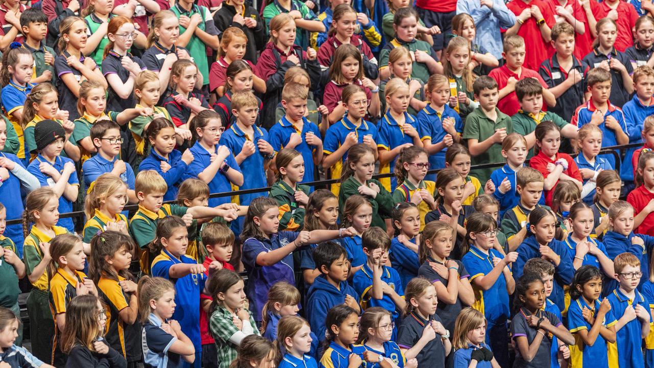 Students from The Glennie School, St Stephen’s Pittsworth, Toowoomba North SS, St Monica’s Oakey, Wilsonton SS, Vale View SS, Bunkers Hill SS, Darling Downs Adventist College, Mary Mackillop Catholic College, Mater Dei, Drayton SS, St Anthony’s and Clifton cluster made up of Back Plains, Emu Creek, Greenmount, Nobby, Pilton and Clifton SS on stage for day one of Sing Out 2024 massed choir at The Empire, Tuesday, June 4, 2024. Picture: Kevin Farmer