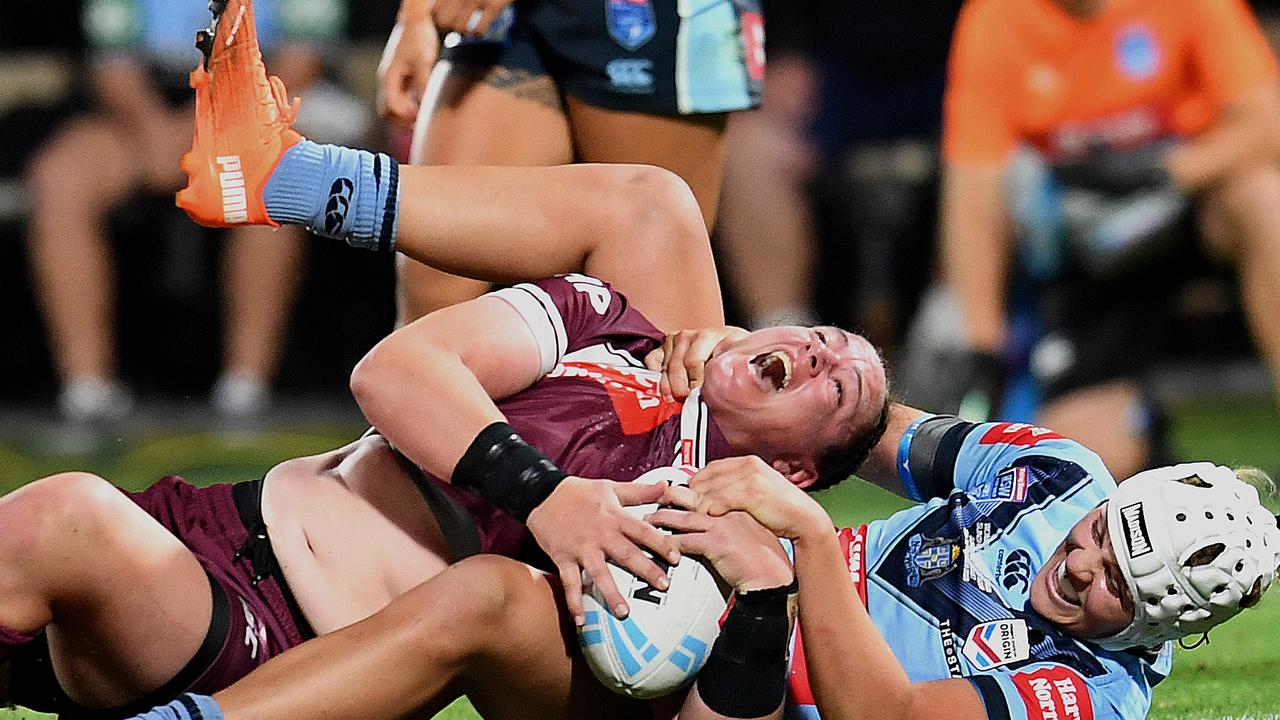 Stephanie Hancock rejoices after a crucial try.