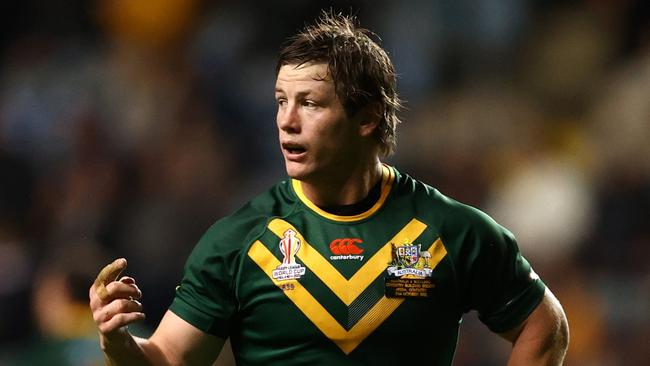 COVENTRY, ENGLAND - OCTOBER 21: Harry Grant of Australia during Rugby League World Cup 2021 Pool B match between Australia and Scotland at The Coventry Building Society Arena on October 21, 2022 in Coventry, England. (Photo by Michael Steele/Getty Images)