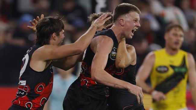 NCA. MELBOURNE, AUSTRALIA. May 23rd, 2025 . AFL Round 11.  Dreamtime at the GÃ Essendon vs Richmond at the MCG.   Angus clarke of the Bombers celebrates his 3rd goal           . Picture: Michael Klein