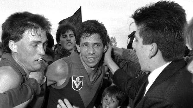 Todd Viney and Robert Flower after the Round 22 thriller. Picture: TERRY PHELAN