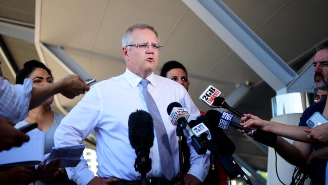 Prime Minister Scott Morrison addresses the media at the Darwin Convention Centre on Friday following his announcement of the Darwin City Deal.  Picture: Justin Kennedy