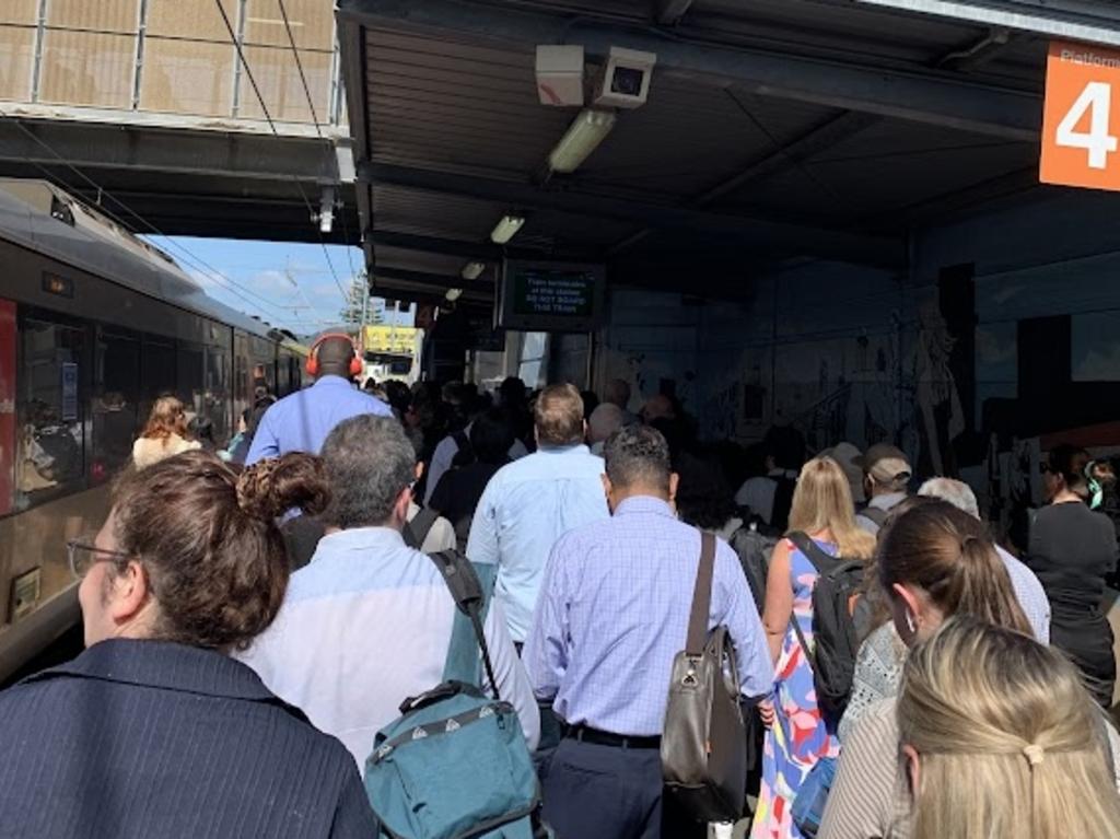 Passengers queue on platforms as train were delayed on three major lines across Brisbane. Picture: Aisling Brennan